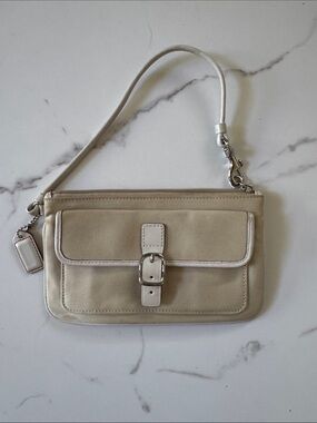 Coach Soho Ivory Canvas White Leather Wristlet with Buckle Front
